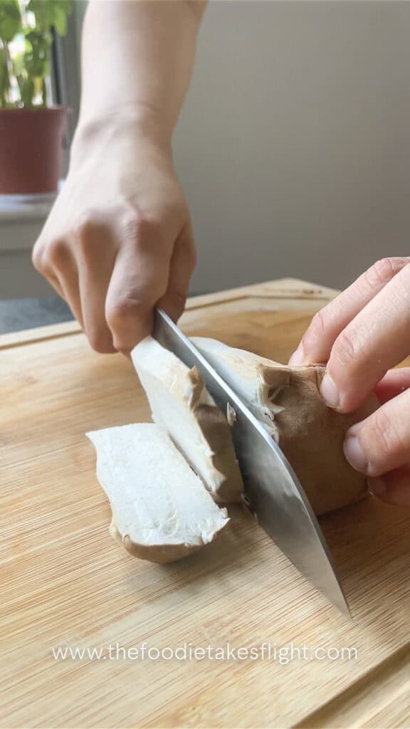 slicing king oyster mushroom