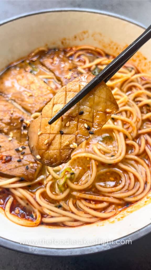 roasted garlic miso noodle soup with seared king oyster mushrooms