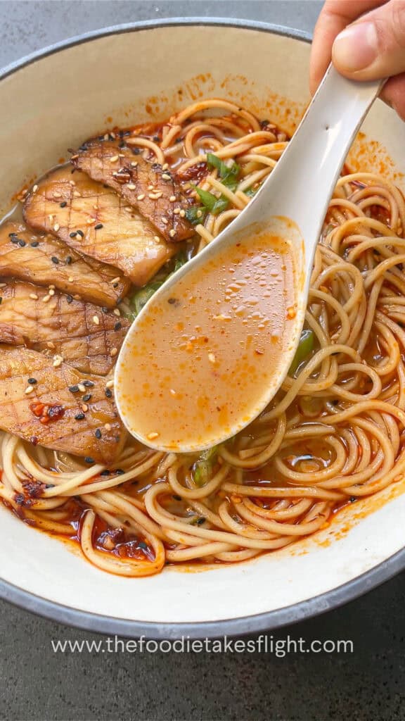 roasted garlic miso noodle soup with seared king oyster mushrooms