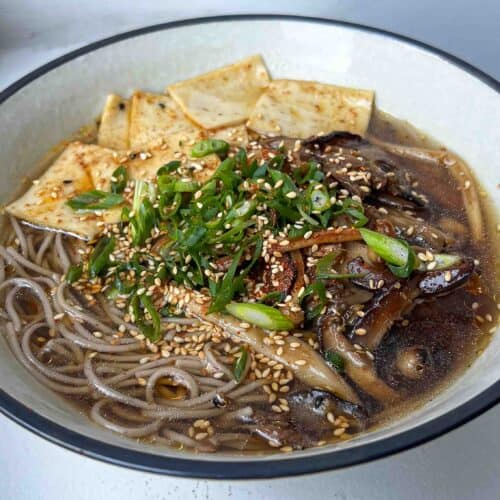 soba buckwheat noodle soup with ginger mushrooms and spice tofu