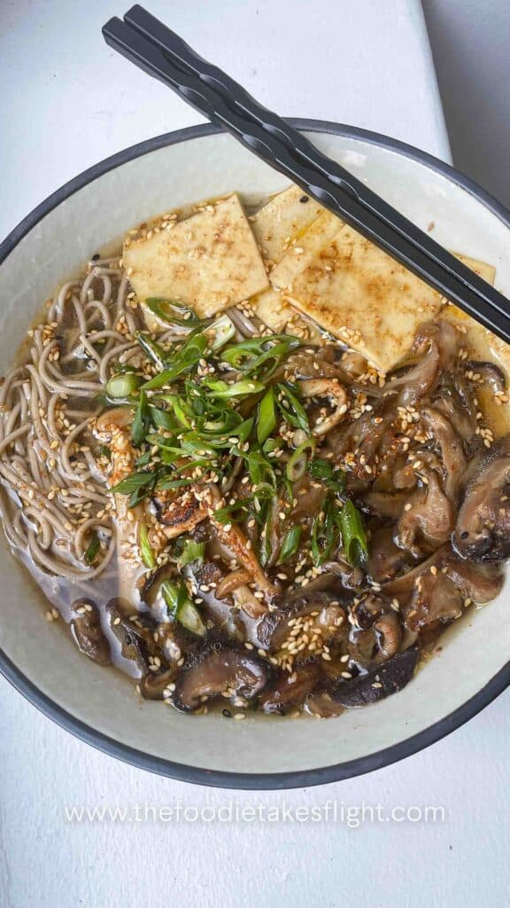 soba buckwheat noodle soup with ginger mushrooms and spice tofu