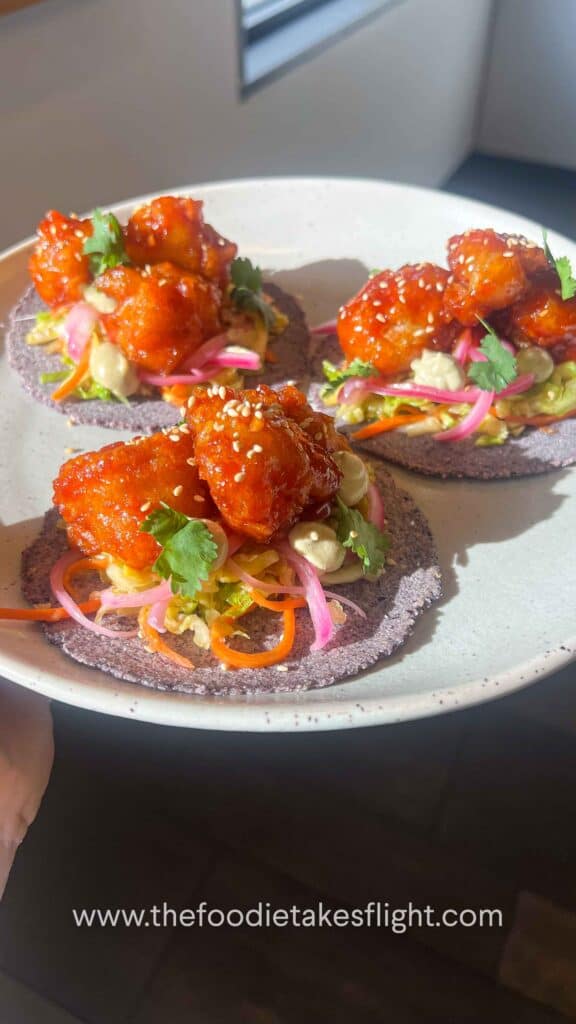 gochujang cauliflower tacos on corn tortillas
