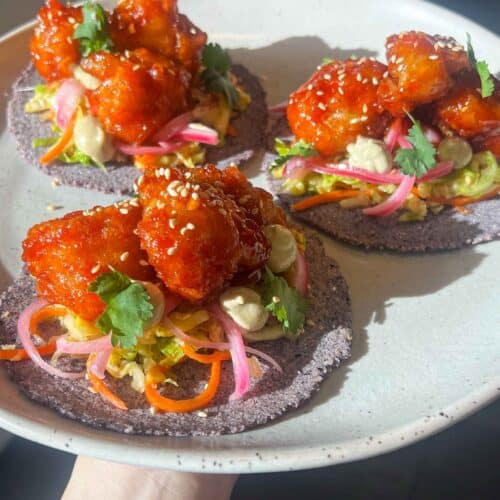 gochujang cauliflower tacos on corn tortillas