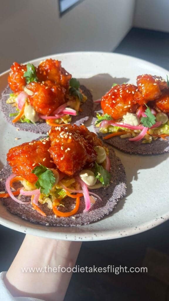 gochujang cauliflower tacos on corn tortillas