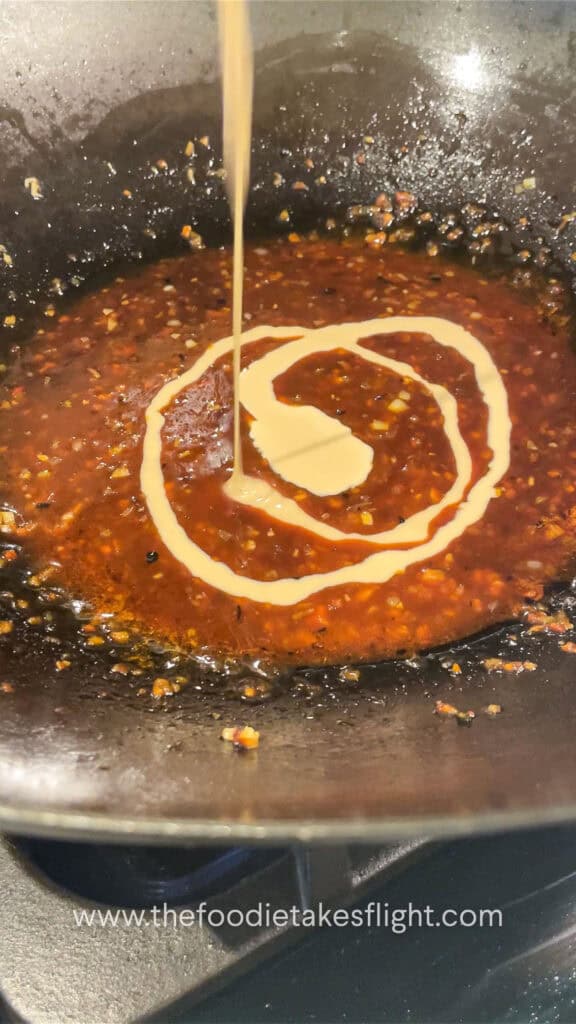 making the sweet chili tahini sauce
