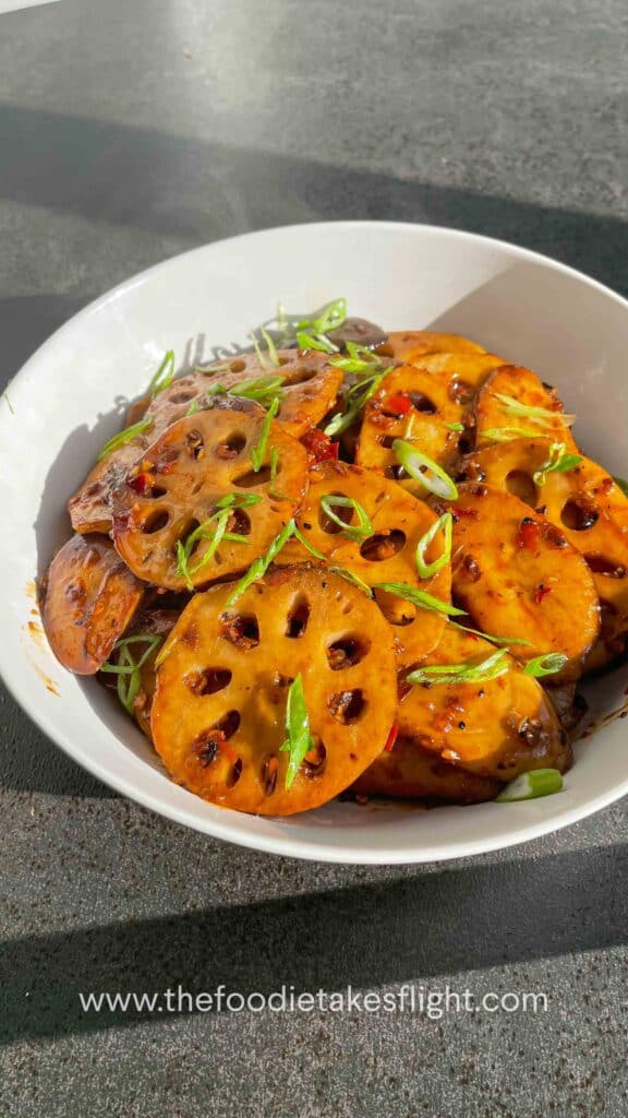mala dry pot inspired Lotus Root and King Oyster Mushroom Stir-Fry