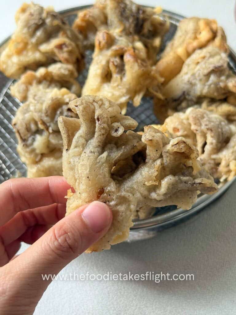 Close-up of crispy maitake mushrooms with crunchy coating