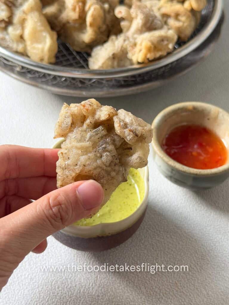Close-up of crispy maitake mushrooms with crunchy coating
