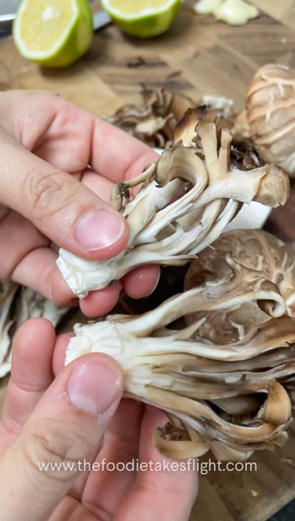 breaking apart maitake mushrooms