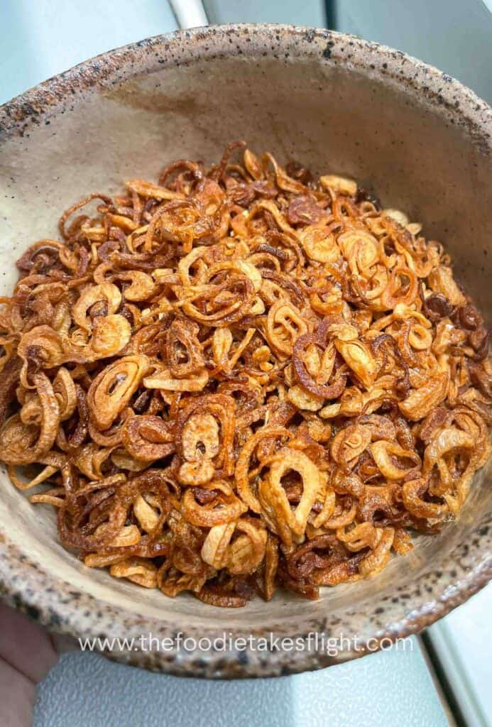 Golden brown crispy fried shallots in a bowl