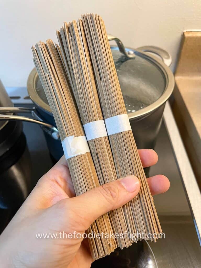 bundles of uncooked soba noodles