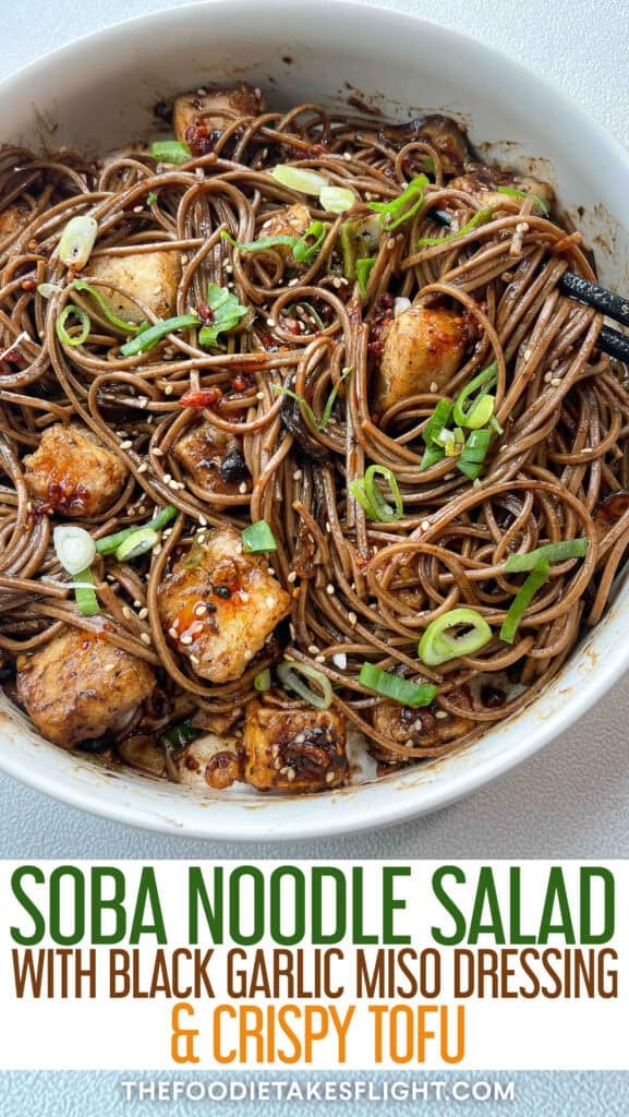 Bowl of soba noodles with black garlic miso dressing, topped with crispy tofu, mushrooms, and fried shallots.