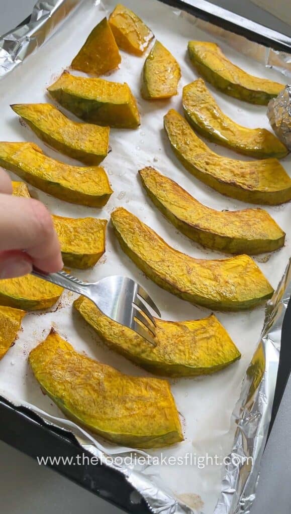 roasted pumpkin on a lined baking tray