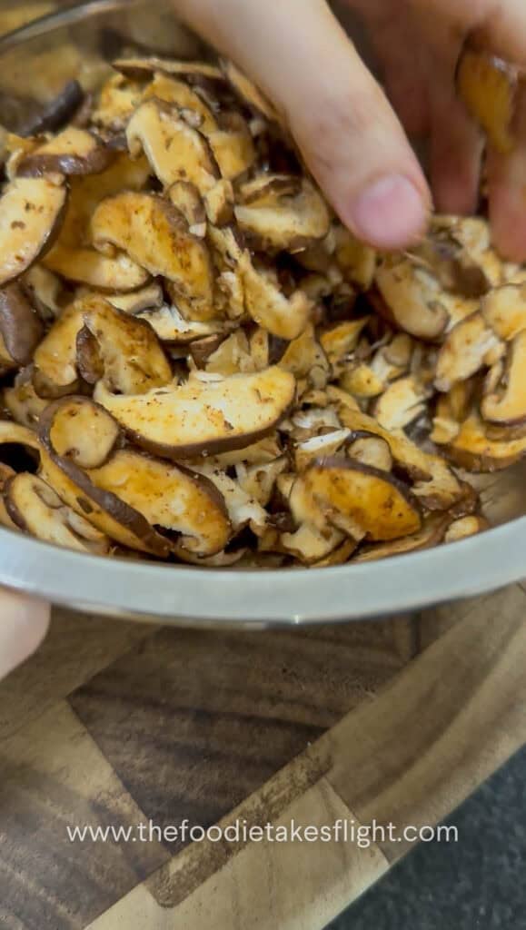 Shiitake mushroom slices coated in smoky seasoning