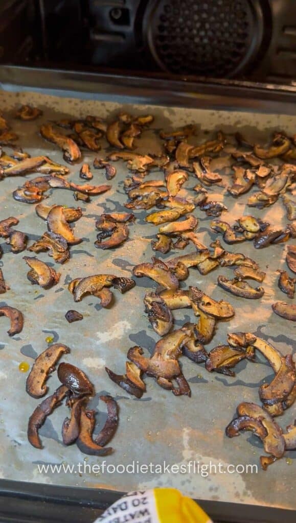 shiitake mushroom bacon on a baking tray