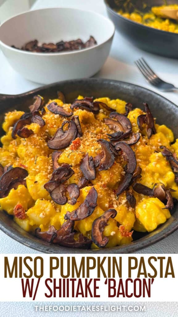 creamy miso pumpkin pasta with shiitake mushroom bacon