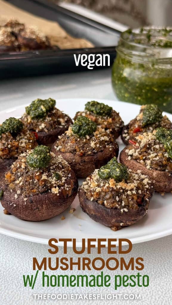 cremini mushrooms stuffed with minced mushrooms and topped with green basil pesto