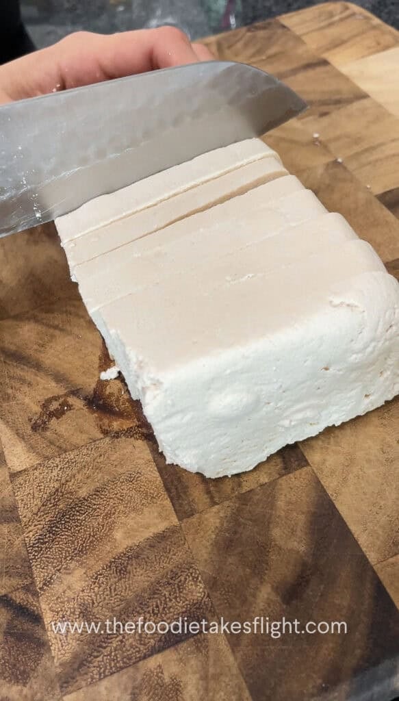 slicing extra firm tofu or tokwa