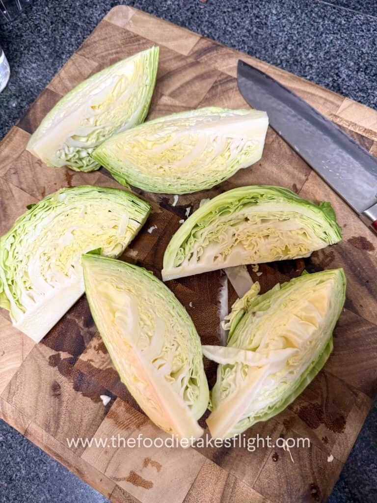 slicing cabbage into wedges