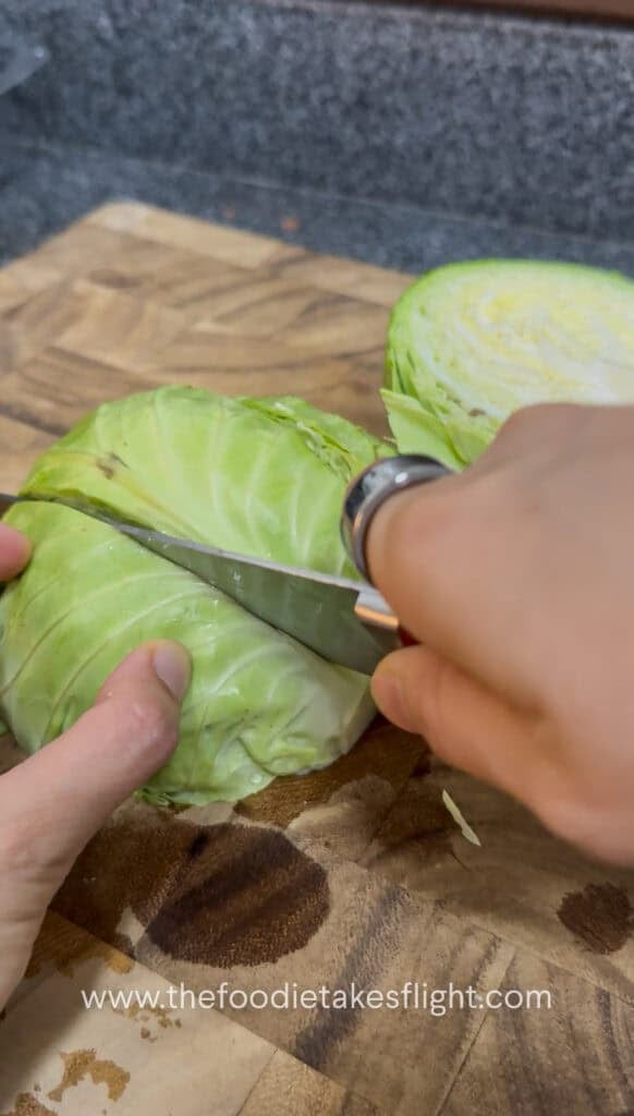 slicing cabbage into wedges