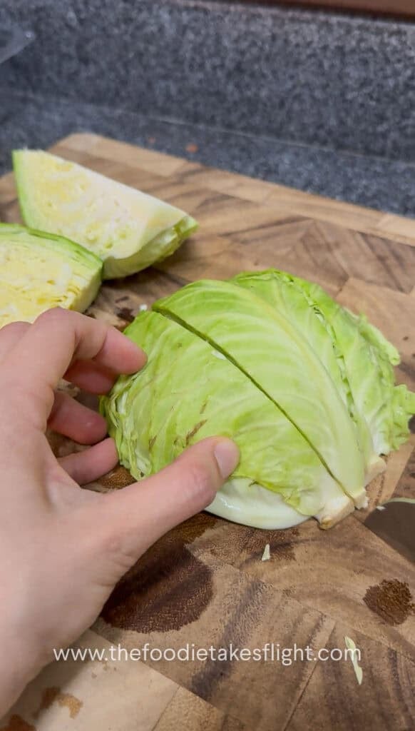 slicing cabbage into wedges