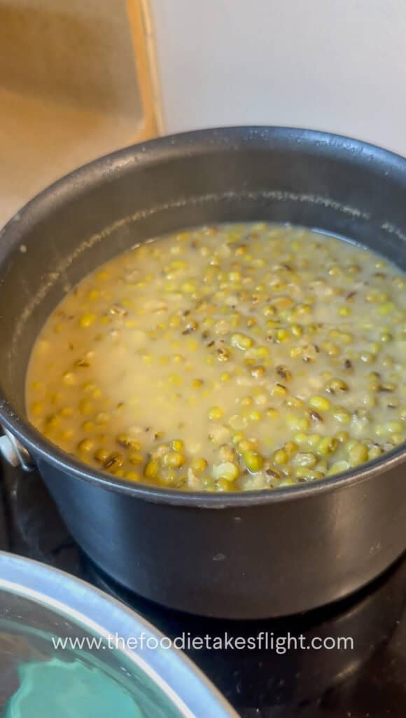 Cooked mung beans in a pot