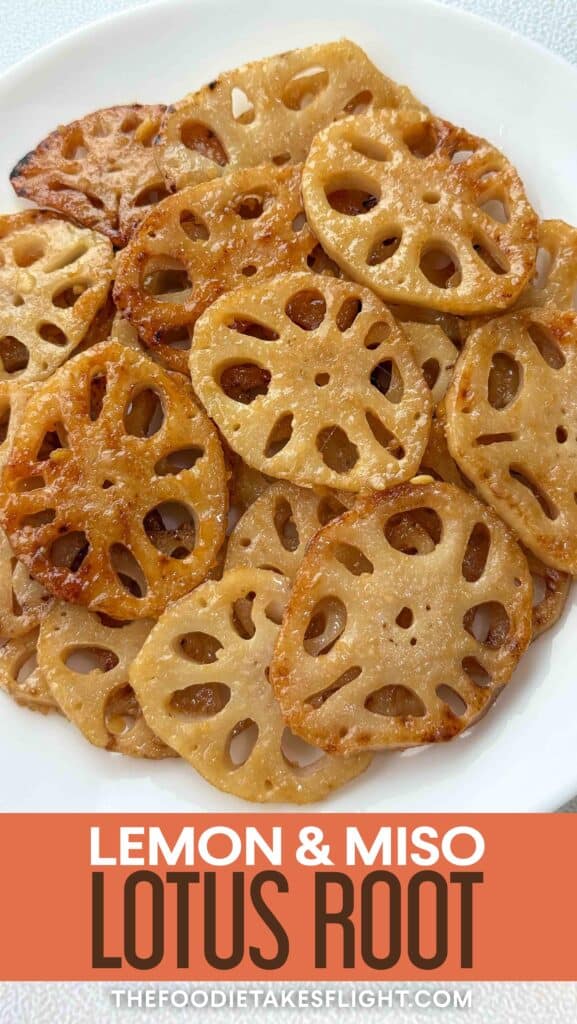 Pan-fried lotus root slices coated in lemon miso sauce