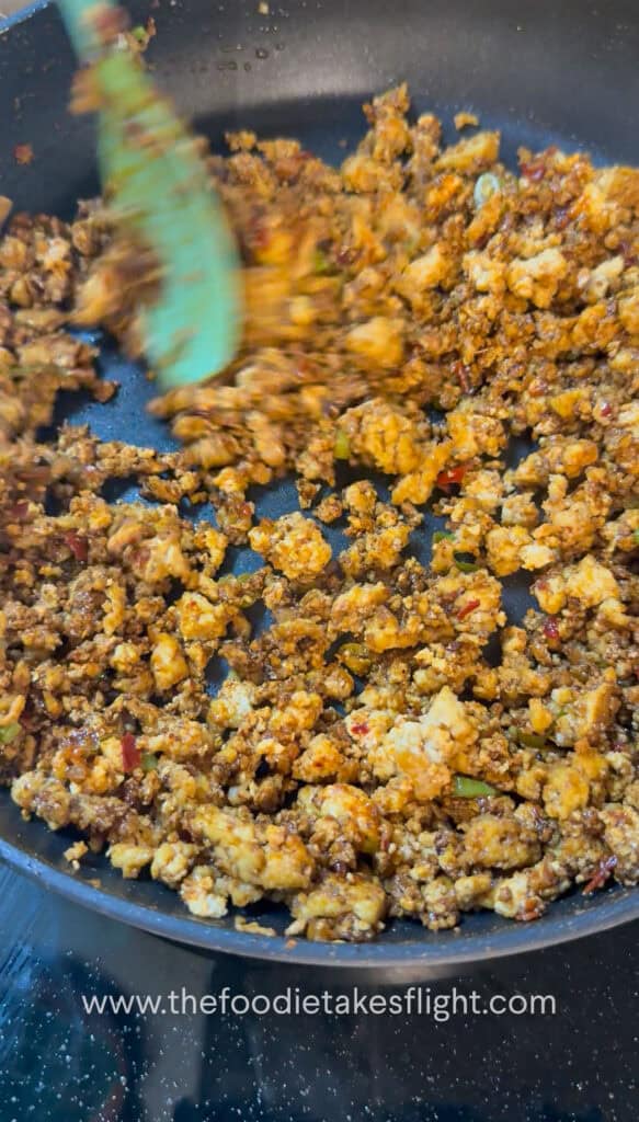 Crispy tofu crumble tossed in spicy mapo sauce