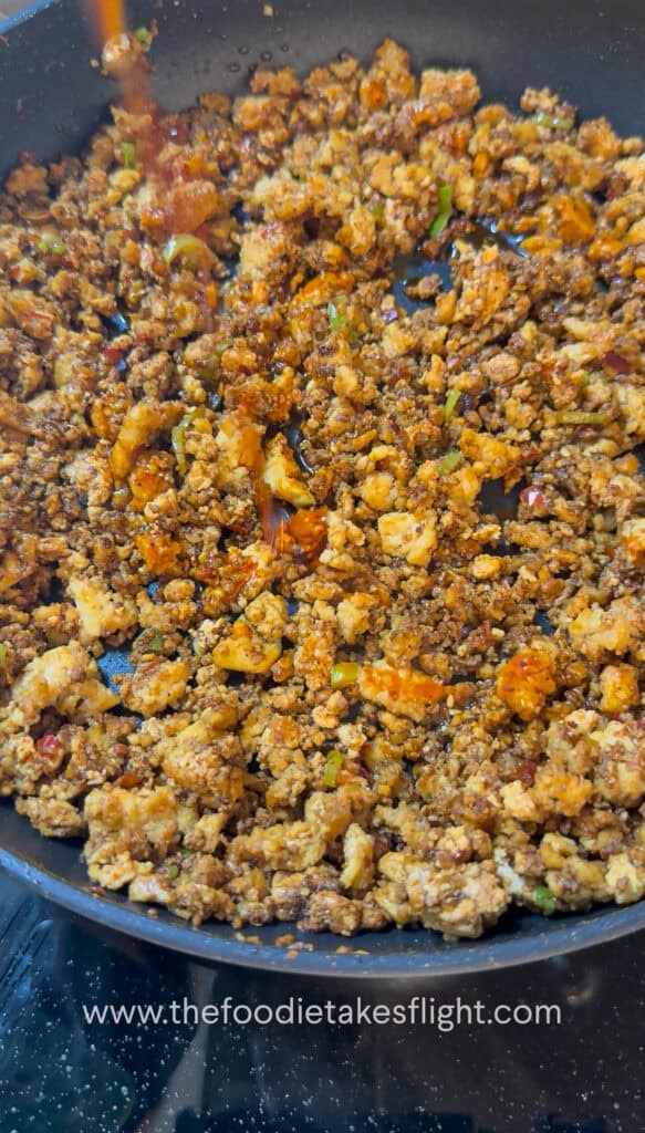 Crispy tofu crumble tossed in spicy mapo sauce