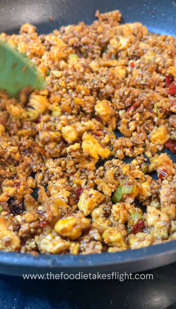 Crispy tofu crumble tossed in spicy mapo sauce