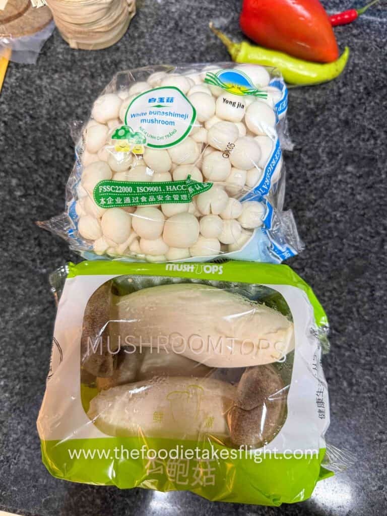 white shimeji mushrooms and king oyster mushrooms