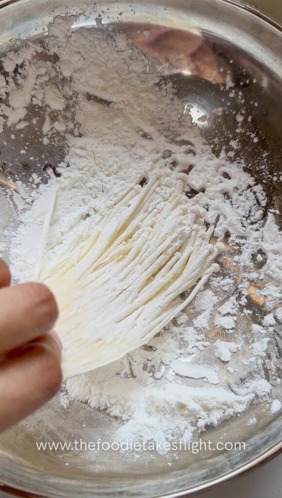 coating enoki mushrooms in corn starch