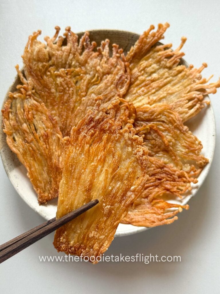 crispy pan fried enoki mushrooms