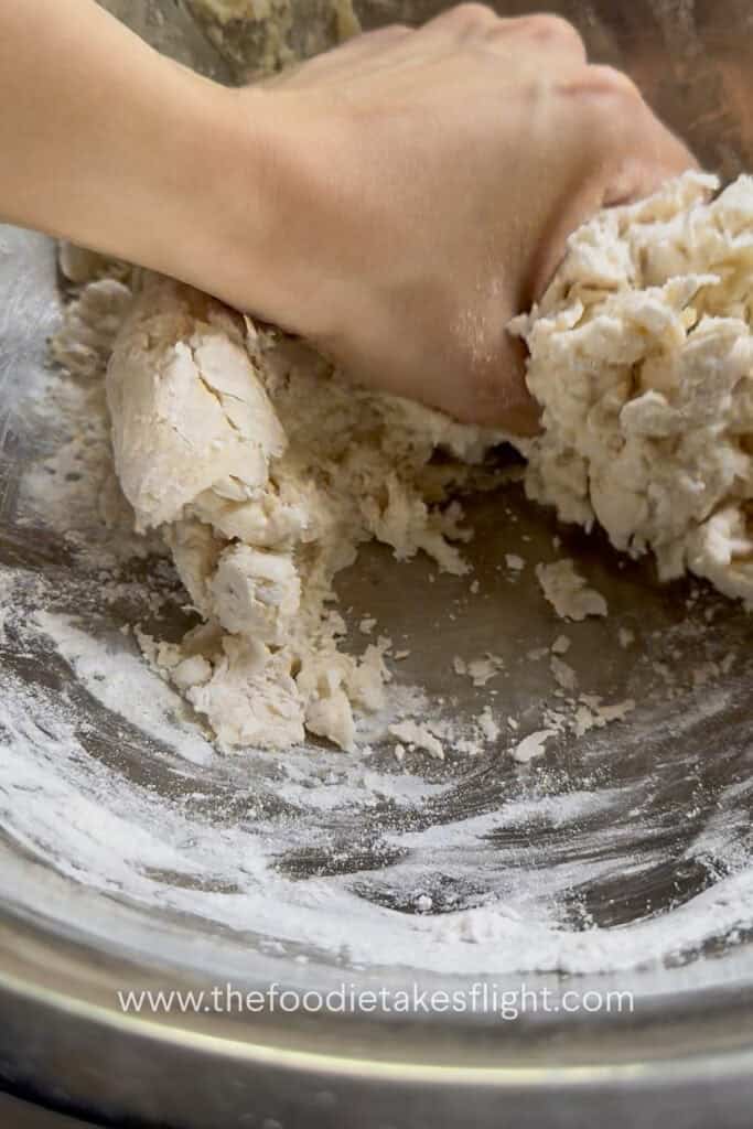 All-purpose flour, salt, olive oil, and yeast mixture combined into a shaggy pita dough