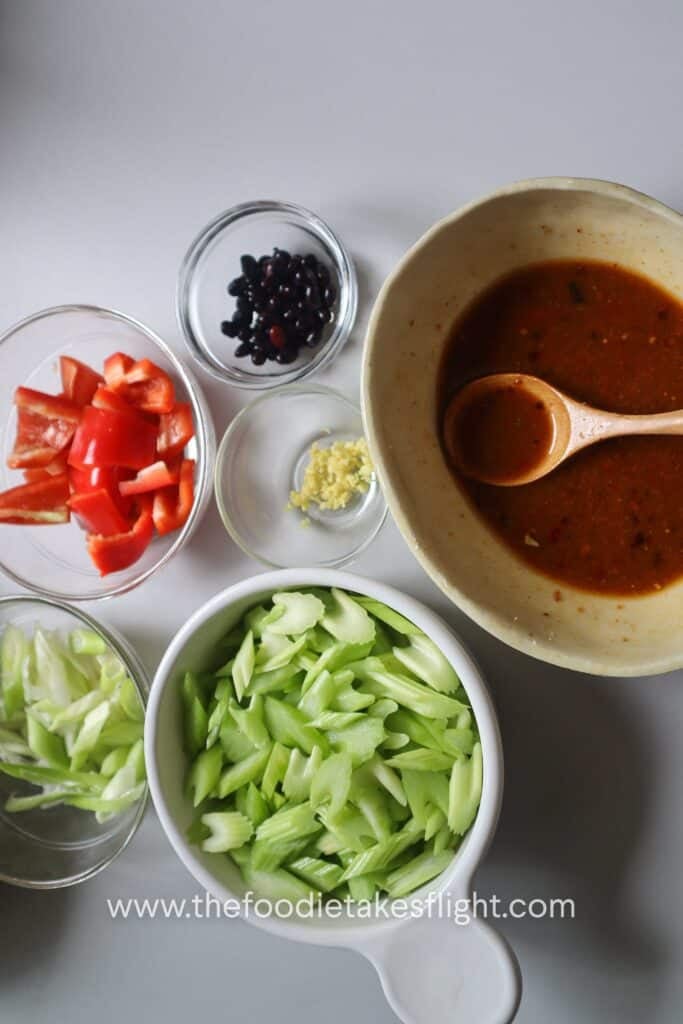 flat lay of ingredients for the tofu and celery stir-fry