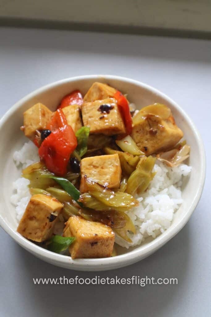 Stir-Fried Tofu and Celery: easy vegan Chinese-style stir-fry over rice