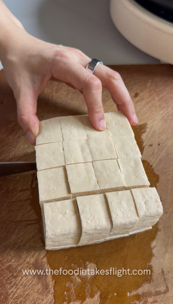 slicing block of extra firm tofu