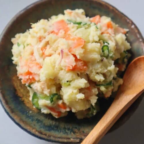 Japanese potato salad with cucumber, carrot, vegan ham, scallions, and roasted sesame dressing