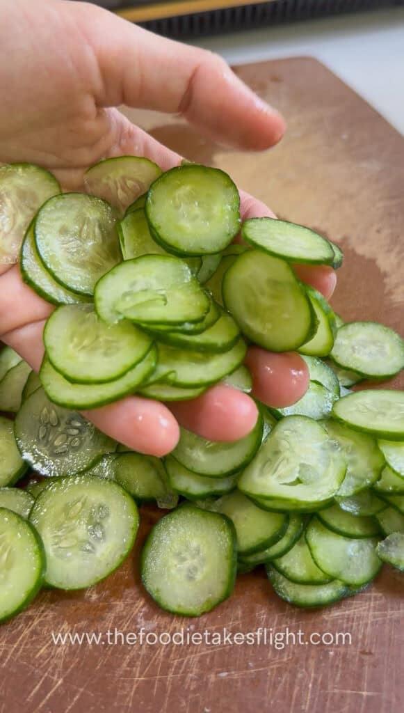 Persian cucumber thinly sliced for Japanese potato salad