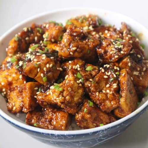 sticky tofu rice bowl recipe with crispy hand-torn tofu in glossy hoisin sauce over steamed rice