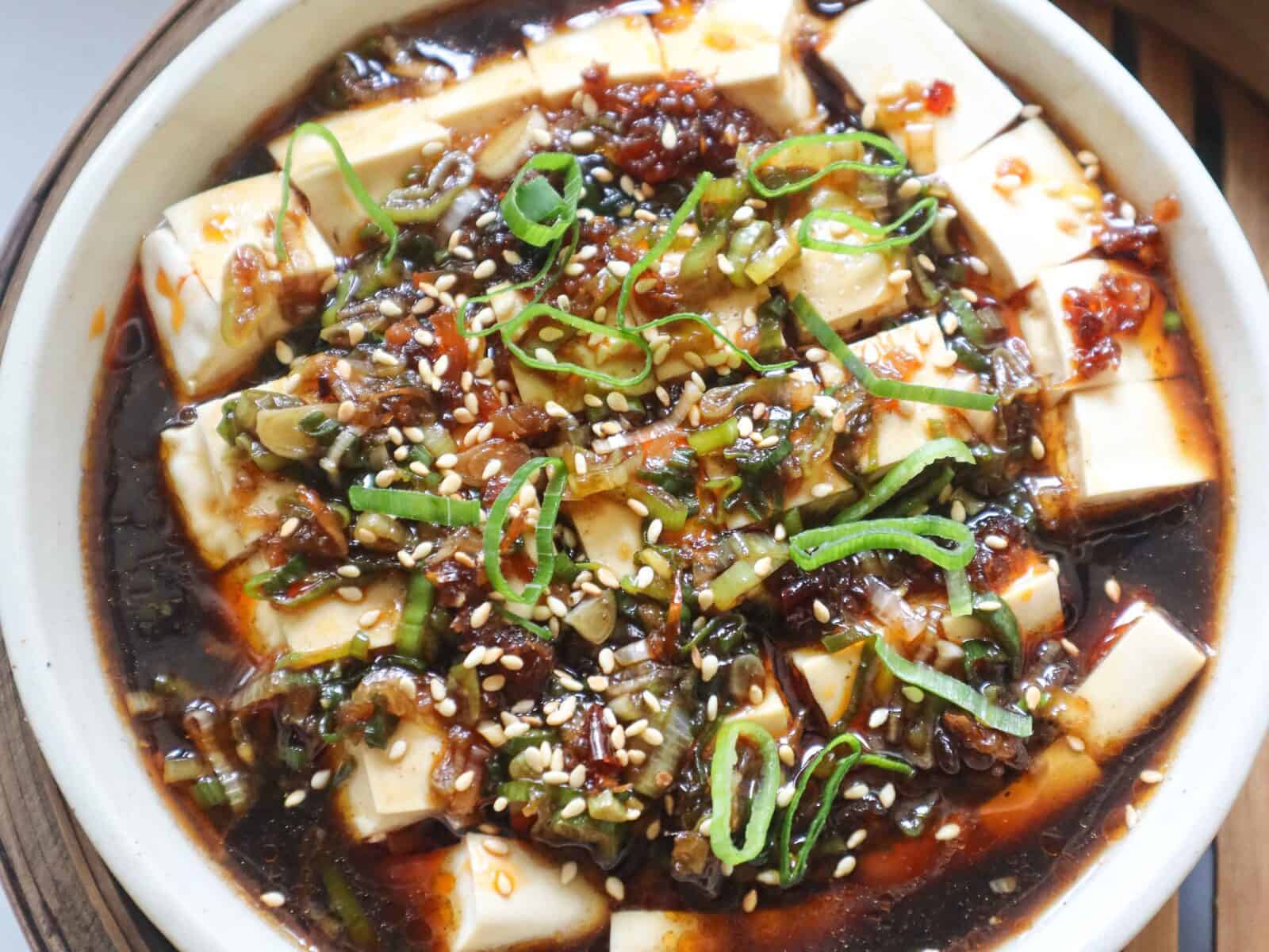 Steamed Tofu with Ginger Scallion Sauce