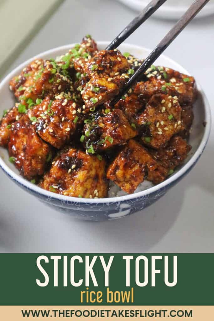 sticky tofu rice bowl recipe with crispy hand-torn tofu in glossy hoisin sauce over steamed rice