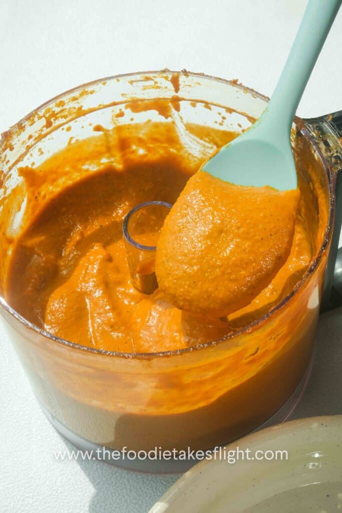 Roasted red pepper dip blended in a food processor until smooth and creamy