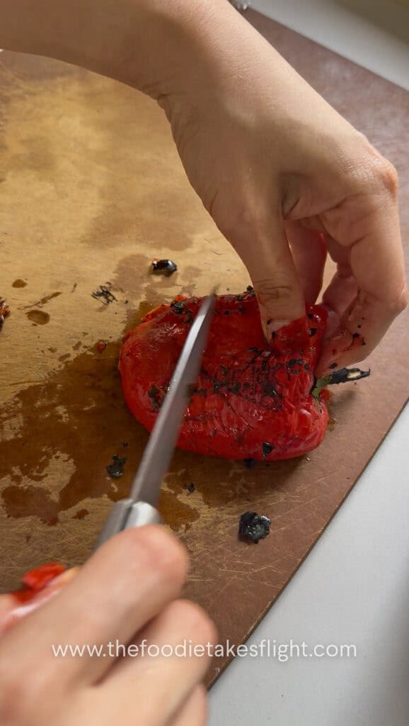Roasted red bell peppers peeled after steaming