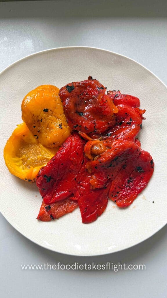 Seeds and charred bits removed from roasted red bell peppers